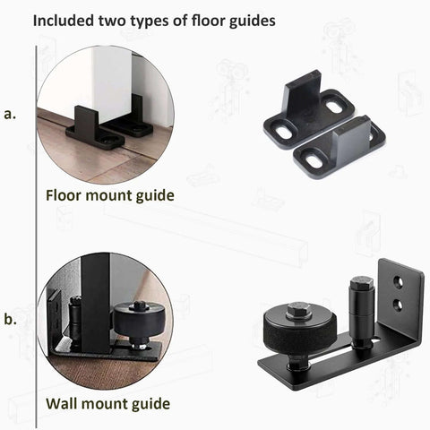 Image showing two types of guides included in the Exterior Double Sliding Barn Door Hardware Kit With Box Track For Outdoor Use Heavy Duty Wall Mount System Supports Up To 300 Lbs Hardware Kit To Hang Two Doors Fits 36 Inches By 2 Doors.