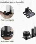 Black 8Ft Ceiling Mount Sliding Barn Door Hardware Kit for low ceilings showing floor and wall mount guides