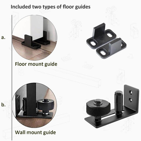 Black 8Ft Ceiling Mount Sliding Barn Door Hardware Kit for low ceilings showing floor and wall mount guides