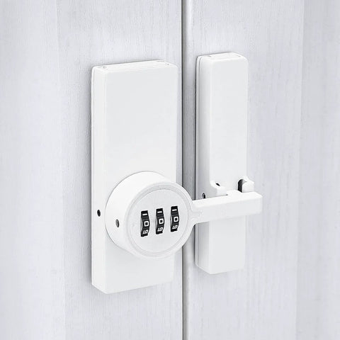 Keyless 3 Digit Mechanical Password Lock For Cabinets And Barn Doors 180 Degree Flip Latch White Finish close-up