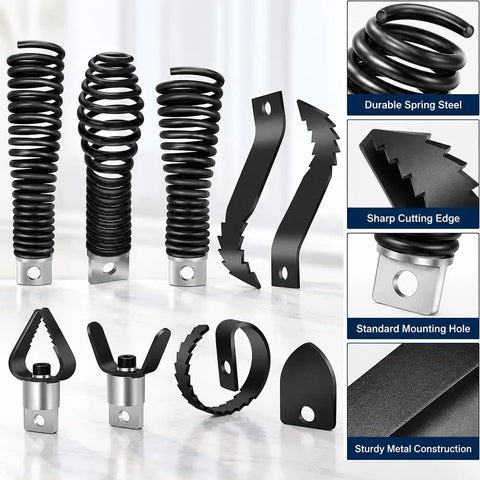 8 Piece Drain Auger Head Replacement Set For General Power Vee Cable Machine, showing durable spring steel heads and cutting edges.