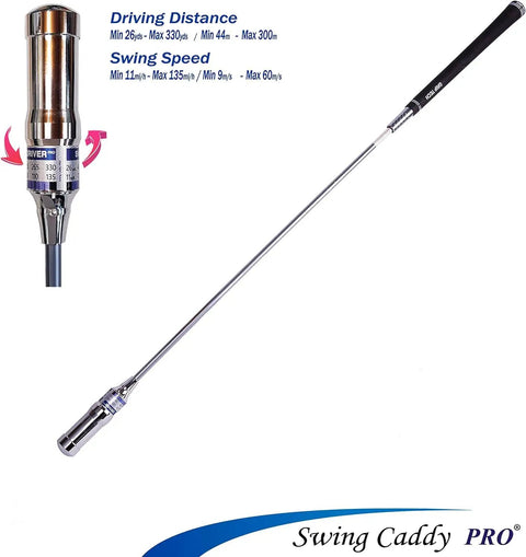 Game Changing Golf Swing Trainer For Distance Tempo Rhythm And Accuracy To Boost Club Head Speed Warm Up And Consistency Portable Bag Ready Practice Aid For On The Go Golfers shown with Swing Caddy PRO features and adjustable scale.