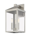 Transitional Three Light Outdoor Wall Lantern From Nyack Collection In Brushed Nickel Finish showcasing clear glass panels