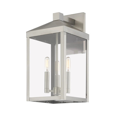 Transitional Three Light Outdoor Wall Lantern From Nyack Collection In Brushed Nickel Finish showcasing clear glass panels