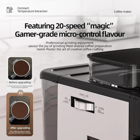 Badass Stainless Steel Espresso Machine With Integrated Grinder Semi Automatic Coffee Maker For Home Office showing grind settings and coffee grounds.