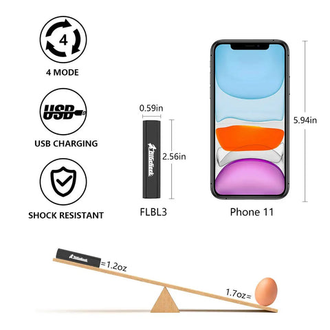 Pocket Size Mini LED Flashlight 3 Pack, Rechargeable EDC Torch With Four Modes comparison to phone and egg balance display.