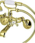 Clawfoot Tub Faucet With Hand Shower Polished Brass, Wall Mount, 6 Inch Adjustable Center, Solid Brass Construction