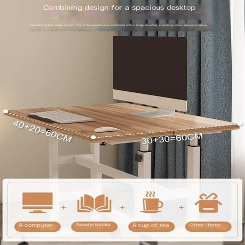 Effortless Height Adjustable Rolling Computer Desk, Foldable Standing Laptop Table With Wide Rust Proof Frame And Smooth Glide Wheels For Cozy Lazy Desk Setup showing spacious wooden top with computer and accessories.
