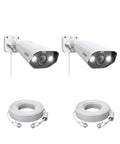 Rock Solid 5MP PoE Outdoor Security Cameras With Slick AI Person And Vehicle Detection Built Hella Tough For Extreme Weather Featuring Quick Ethernet Hookup And Seriously Crisp Video, showing two white cameras mounted with Ethernet cables.