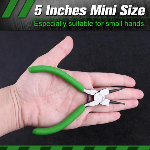 Hand holding 5 Inch Mini Round Nose Pliers For Jewelry Making With Tapered Jaw And Micro Fine Precision Tips, green handles visible.
