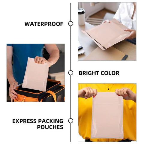 100 Pack Khaki PE Waterproof Packaging Bags With Easy Seal Closure for clothes, shown in various usage settings.