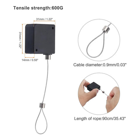 Hella Secure Retractable Cable Lock With Sturdy Double Sided Adhesive Mounting Pad For Phones TV Boxes And Remotes Black 4 Pack showcasing cable length and strength.