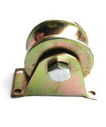 Heavy Duty V Groove Caster Wheel Three Inch Steel Pulley Built Like A Tank For Sliding Doors And Industrial Carts Featuring A Rock Solid Five Hundred Kg Load Rating And Top Shelf Smooth Operator Glide On Tracks close-up of steel pulley with a mounting bracket