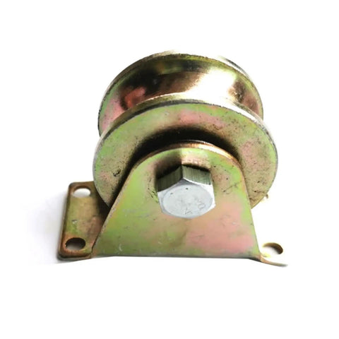 Heavy Duty V Groove Caster Wheel Three Inch Steel Pulley Built Like A Tank For Sliding Doors And Industrial Carts Featuring A Rock Solid Five Hundred Kg Load Rating And Top Shelf Smooth Operator Glide On Tracks close-up of steel pulley with a mounting bracket