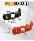 Heavy Duty Battery Terminal Connectors Featuring Slick Plastic Caps For Street Ready Corrosion Defense And Killer Conductivity On Cars Trucks Rvs And Boats, showing product size of black and red connectors.