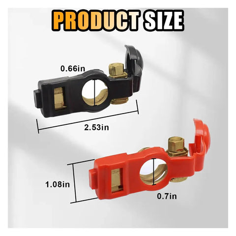 Heavy Duty Battery Terminal Connectors Featuring Slick Plastic Caps For Street Ready Corrosion Defense And Killer Conductivity On Cars Trucks Rvs And Boats, showing product size of black and red connectors.