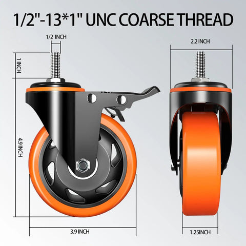 1/2" thread heavy duty 4 inch caster wheel dimensions with polyurethane design for shop carts furniture tough as nails smooth rollin.