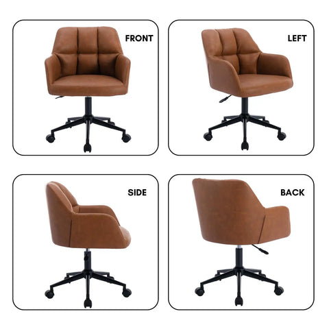 Front, left, side, back views of Faux Leather Office Chair With Wheels 360 Degree Swivel Height Adjustable Armrests Mid Back Comfy Ergonomic Computer Chair For Home Office Living Room Bedroom Brown.