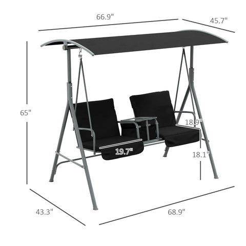 Two Person Porch Swing With Stand And Canopy Outdoor Swing With Pivot Storage Table And Cup Holders Cushions For Patio