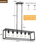 Slick Black 6 Light Linear Chandelier dimensions showing adjustable height and matte steel frame for kitchen island use.