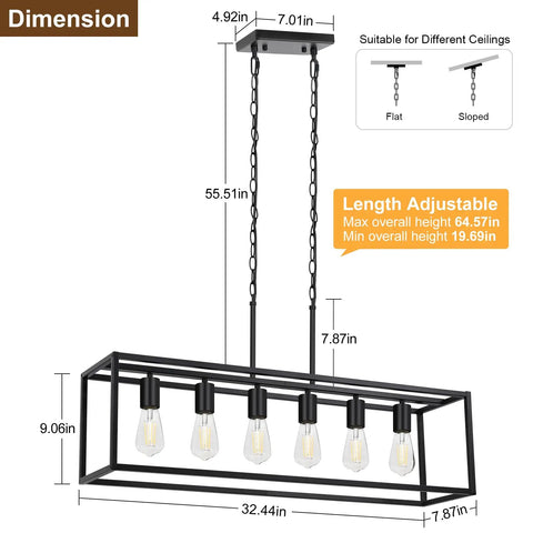 Slick Black 6 Light Linear Chandelier dimensions showing adjustable height and matte steel frame for kitchen island use.