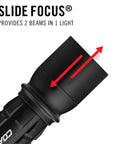 Close-up of 2600 Lumen USB C Rechargeable LED Flashlight With Slide Focus And Pure Beam Optic Ultra Bright Beam in black finish.