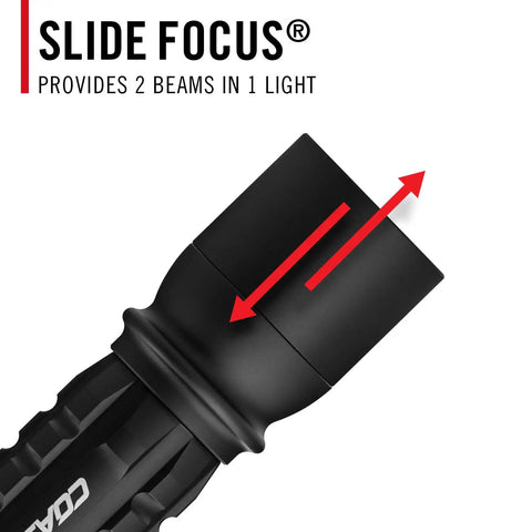 Close-up of 2600 Lumen USB C Rechargeable LED Flashlight With Slide Focus And Pure Beam Optic Ultra Bright Beam in black finish.
