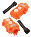 2 Way Push Button Switch Rainproof Hoist Pendant Controller for Outdoor Cranes, Rugged Weatherproof Industrial Switch With Rubber Sleeve, AC 500V 2A Capacity, Beefy Heavy Duty, Easy Setup, Orange Red Device on white background