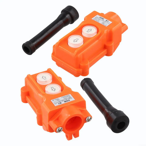 2 Way Push Button Switch Rainproof Hoist Pendant Controller for Outdoor Cranes, Rugged Weatherproof Industrial Switch With Rubber Sleeve, AC 500V 2A Capacity, Beefy Heavy Duty, Easy Setup, Orange Red Device on white background
