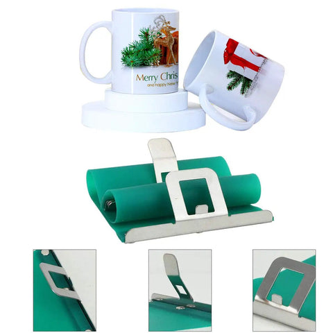 Three Pack 15OZ Sublimation Silicone Mug Wraps for Oven Printing with Heat Resistant 3D Mug Clamps and green rubber clamp set