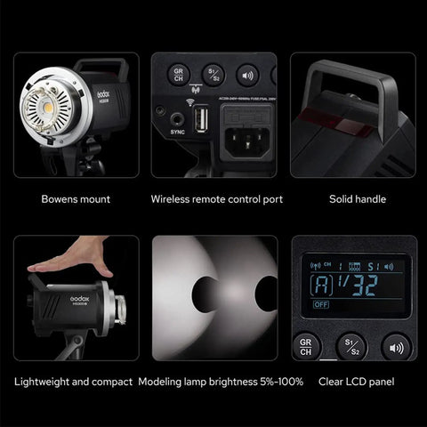 MS300-V Compact Studio Strobe Flash Light With 300W Power GN58 0.1-1.8S Recycle Time 2.4G X System Bowens Mount LED Modeling Lamp features