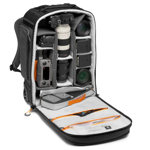 Pro Trekker RLX 450 AW II 28L Camera Roller Backpack with Conversion to Backpack or Roller, open with camera gear inside