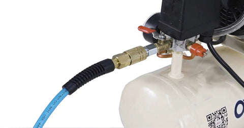Reinforced Polyurethane Air Hose One Quarter Inch ID (6.3x9.8mm) 100 Feet With Solid Brass Quick Connect Coupler And Plug, Transparent Blue, attached to compressor