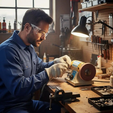 Person using Mini Bench Lathe Polisher For Jewelry And Gemstone Buffing 110V 350W Buffer Kit with safety goggles