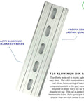 Front view of Three Piece DIN Rail Slotted Aluminum RoHS Compliant Rail Set, Five Inch Long, 35mm Wide, 7.5mm High, Silver Finish