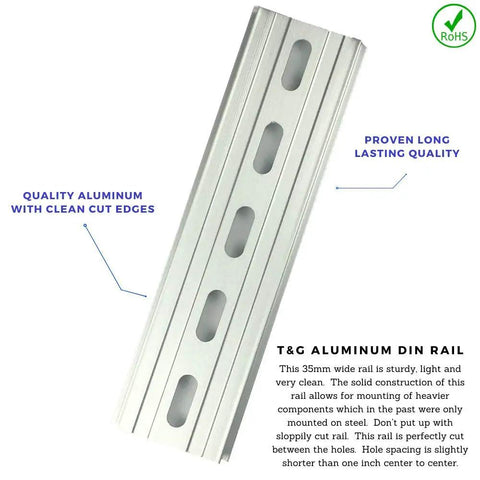 Front view of Three Piece DIN Rail Slotted Aluminum RoHS Compliant Rail Set, Five Inch Long, 35mm Wide, 7.5mm High, Silver Finish