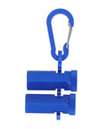 Dead Straight Stair Gauge For Framing Squares With Grip Tight Thumb Screws And Heavy Duty Aluminum Rafter Layout Clamp For Bulletproof Stair Stringer Marking And Deck Construction in blue with carabiner attachment.