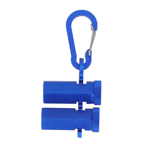 Dead Straight Stair Gauge For Framing Squares With Grip Tight Thumb Screws And Heavy Duty Aluminum Rafter Layout Clamp For Bulletproof Stair Stringer Marking And Deck Construction in blue with carabiner attachment.