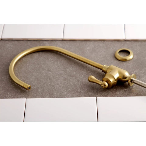 Royale Single Handle Water Filtration Faucet in Brushed Brass Finish, solid brass, shown disassembled on tile surface.