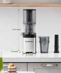 AMZCHEF Cold Press Juicer With 5.4 Inch Slow Masticating Wide Feed Chute showing 16.3 inch height, 7.0 inch width on a kitchen counter.