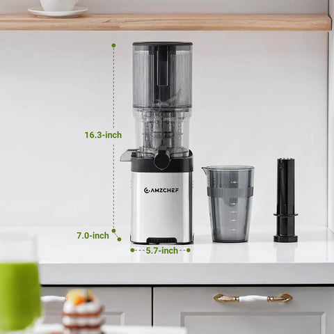AMZCHEF Cold Press Juicer With 5.4 Inch Slow Masticating Wide Feed Chute showing 16.3 inch height, 7.0 inch width on a kitchen counter.