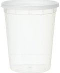 Clear 32 Ounces Soup Containers With Lids, 12 Pack, heavy gauge polypropylene, reusable, shown with lid attached