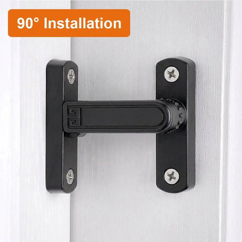 Adjustable Flip Gate Latch Lock For Sliding Barn Doors Heavy Duty Zinc Alloy Build Smooth 90 To 180 Degree Swing Easy Top Bottom Left Right Mounting No Sweat Install Glossy Gold Finish Closet Hardware - Black latch with screws on white door.