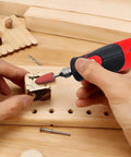 Plug In Corded Rotary Tool Kit With Electric Detail Sander And Tiny Grinder Pen For Precision Woodworking Metal Finishing And DIY Repairs No Battery Noise Free Power For Long Sessions. Corded rotary tool sanding a small wooden block