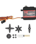 Heavy Duty Metal Gear Digital Servo Crushing 18kg Torque And Serving Up Smooth 180 Degree Rotation For Rc Cars Trucks Boats Robots view with connectors and attachments.