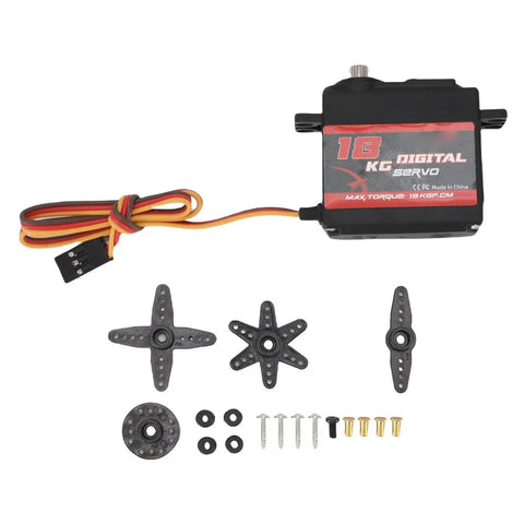 Heavy Duty Metal Gear Digital Servo Crushing 18kg Torque And Serving Up Smooth 180 Degree Rotation For Rc Cars Trucks Boats Robots view with connectors and attachments.
