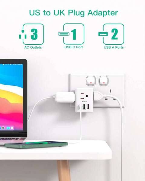 2 Pack UK Travel Plug Adapters for US to UK Type G International Plug Adapter 6 in 1 shown in wall outlet with devices connected