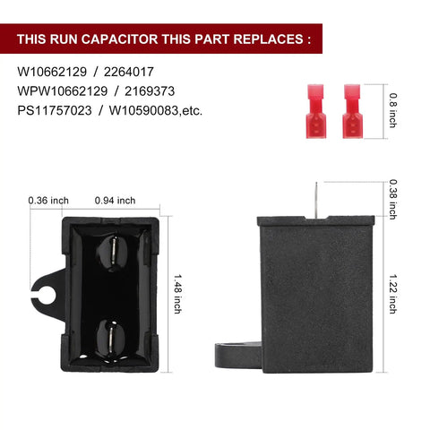 Refrigerator Start Device Relay And Run Capacitor Kit For Whirlpool Kenmore Models, showing dimensions and replacement parts.