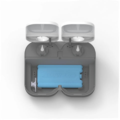 No Fuss Dual Compartment Automatic Pet Feeder Programmable Meal Timer For Cats And Small Dogs Handles Up To Forty Eight Hour Scheduling interior view with blue cooler pack.