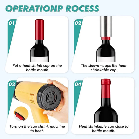 Portable Bottle Cap Sealer With Nine Adjustable Heat Settings For Perfect Wine Sealing, heat shrink process shown in four steps.